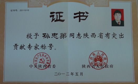 孫忠弟獲中共陜西省委、陜西省人民政府“陜西省有突出貢獻專家”命名表彰